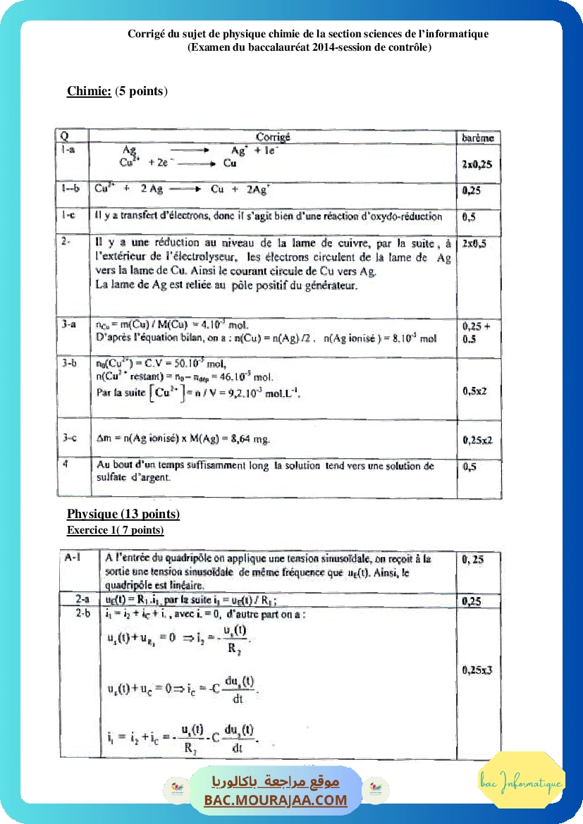 Corrigé controle physique Bac 2014 – Section info